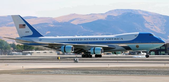 Boeing 747-200 (92-9000) - Making one of the gentlest landings Ive ever seen, the pilots of this Boeing VC-25A (92-9000), operating as Air Force One (89th Airlift Wing, Andrews AFB) with POTUS Trump aboard, touch the nose wheels down on the runway 16R concrete at 10:15 AM to complete a flight from Phoenix.br /* * I wish to express my most heartfelt Thank You to ...  every person associated with the FlightAware photo gallery (especially Mr. R. Jorgensen), everyone at the Reno Tahoe Airport Authority, everyone at the 152nd AW PAO, and the half million (plus) viewers of my photos in the FA gallery because it was each and every one of you who made this momentous day in my life as an amateur aviation photographer possible.  Never again will I have such exclusive up-close photographic access to the greatest Boeing 747 in the world and I am appreciative beyond my ability to express. * *  