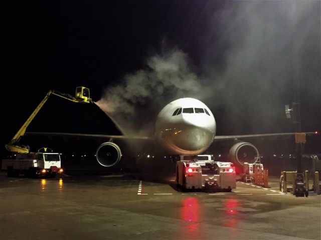 Airbus A300F4-600 (N665FE) - Wing & top of fuselage deicing.  br /br /Removing the afternoon wet snow from the day's earlier snowfall. 