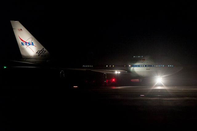 BOEING 747SP (N747NA) - Wednesday evening, 6 Jul 2016, NASAs 747-SP "SOFIA" starting her takeoff roll down Runway 02 at Christchurch International Airport. The beginning of another 9+ hour mission over the Southern Ocean gazing at the stars. Lots of $k/min with this flying telescope. Its much cheaper using my telescope, but mine doesnt fly!