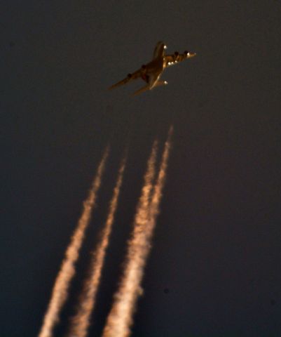 Airbus A380-800 — - Lufthansa 441 Houston to Frankfurt over Cleveland 37,000 ft. at sunset