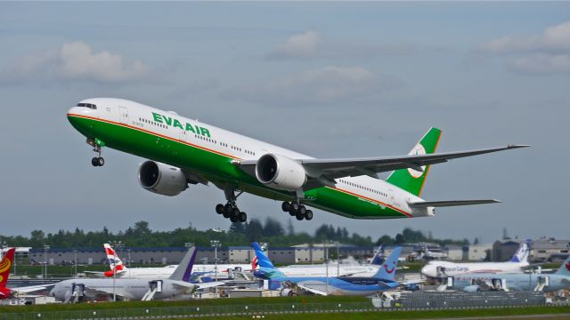 BOEING 777-300 (B-16719) - EVA773 on rotation from Rwy 34L to begin its delivery flight to RCTP / TPE on 5/21/14. (LN:1202 / cn 42103).