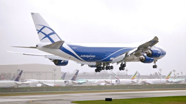 BOEING 747-8 (VP-BBP) - BOE606 on short final to Rwy 16R to complete a C1 flight on 3.29.17. (ln 1540 / cn 63659). It was a crummy day for plane spotting with high winds, rain, fog, grey skies and even some brief sunshine!