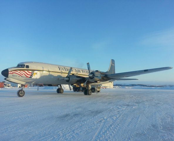 Douglas DC-6 (N444CE) - Everts Air Fuel picking up a load of heating fuel to deliver to one of the villages. Kotzebue Alaska, 02.01.2013