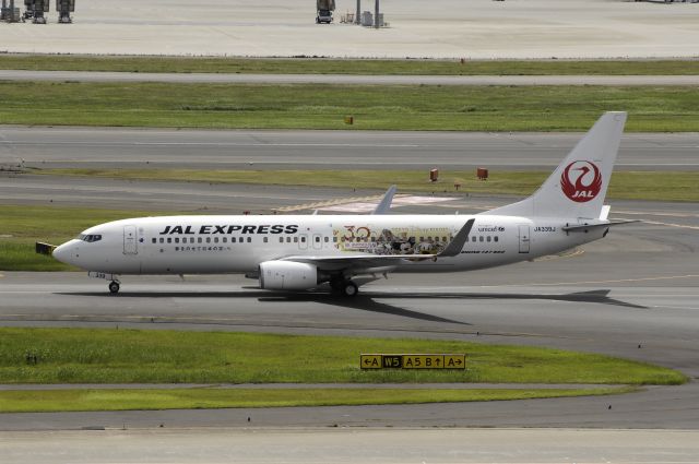 Boeing 737-800 (JA339J) - Taxing at Haneda Intl Airport on 2013/07/20 "No-3 JAL Happiness Express c/s"