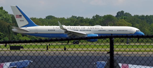 Boeing 757-200 (90015) - MORRISTOWN, NEW JERSEY, USA-AUGUST 18, 2019: A United States Air Force jet, registration number 90015, is seen moments after landing on runway 23 at Morristown Municipal Airport. In approximately three hours this plane will become Air Force One as it flies President Donald Trump back to Washington, D.C. after his vacation in Bedminster, New Jersey. While on his vacation, Air Force One was kept in another location, thus the reason for this flight in.