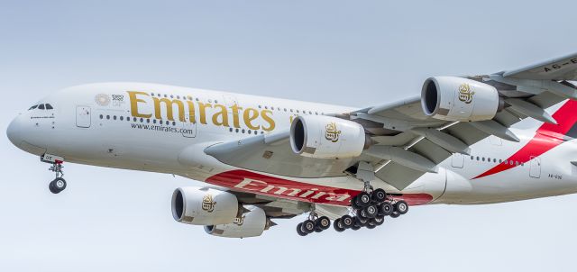 Airbus A380-800 (A6-EUE) - Too much lens as the Great White Whale makes her way down to runway 05 at YYZ. Recent schedule changes now brings Emirates into YYZ at 09:30 instead of 16:00 meaning a nice afternoon departure time too!