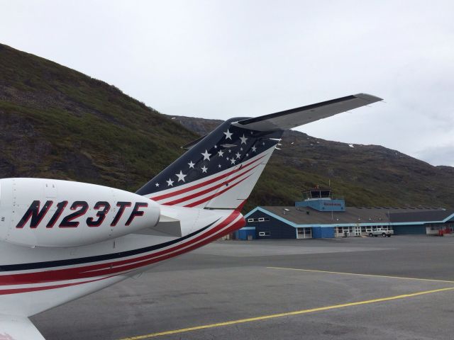 Cessna Citation CJ1 (N123TF) - My pilot sister, Jeanmarie, sent me this photo.  She and her husband, author-pilot, Stuart Woods were at Narsarsuaq on a brief fuelstop. (If you blow up the photo you can just make out the airport name on the building.)