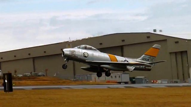 F86SABRE — - F-86 Sabre and MIG-15 takeoff and then flyby at Paine Field WA. I was hoping I got the plane in frame and in focus and that the video cam would not start hunting for a better focus point and blur the shot.br /br /FYI, you can Google: 1aflyby.htm for that 07/25/15 video clip, + my other vids and pics of WWII fighters (all public domain).