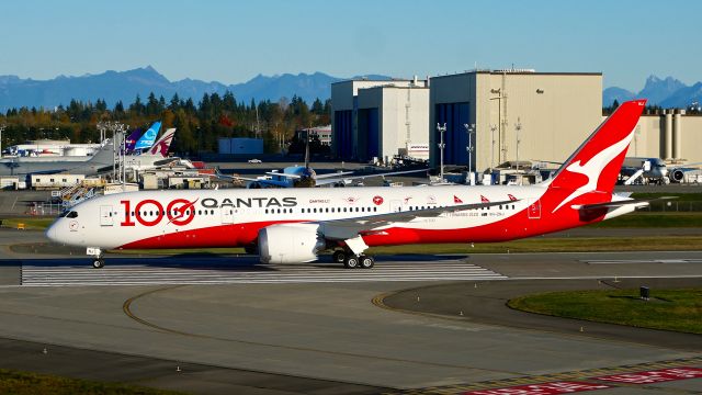 Boeing 787-9 Dreamliner (VH-ZNJ) - BOE278 taxis from Rwy 34L to the Boeing North ramp after a RTO test on 10.29.19. (ln 929 / cn 66074).