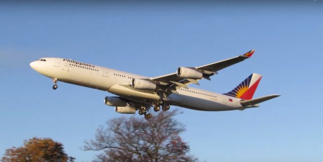 Airbus A340-300 (RP-C3437) - Philippine airlines a340 landing at london heathrow airport runway 27l