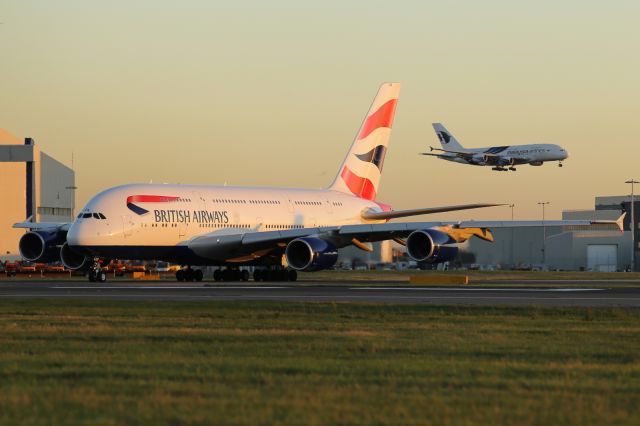 Airbus A380-800 (G-XLEA) - Holding near runway 027R, LHR.