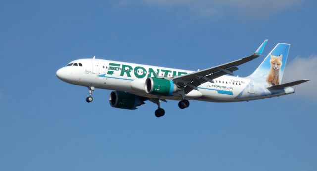 Airbus A320neo (N329FR) - On final is this 2018 Frontier Airlines Airbus A320-251N with "Trixie the Fox" riding the tail in the Autumn of 2020.
