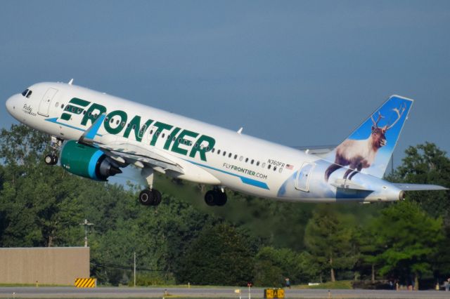 Airbus A320neo (N360FR) - Ruby the Reindeer blasting off from Runway 5 at the Buffalo Niagara International Airport for MCO