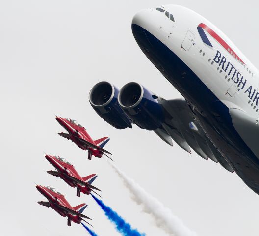 Airbus A380-800 — - Red Arrows and BA A380 Fairford 2013