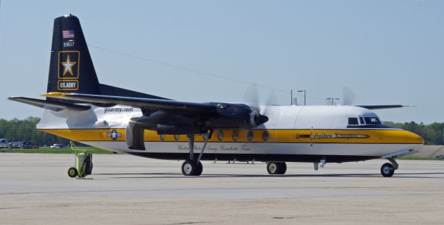 FAIRCHILD HILLER FH-227 (85-1607) - McGUIRE AIR FORCE BASE, WRIGHTSTOWN, NEW JERSEY, USA-MAY 11, 2014: The United States Army Parachute Team, the Golden Knights, prepares for take off in their Fokker F-27 at the 2014 Open House and Air Show.