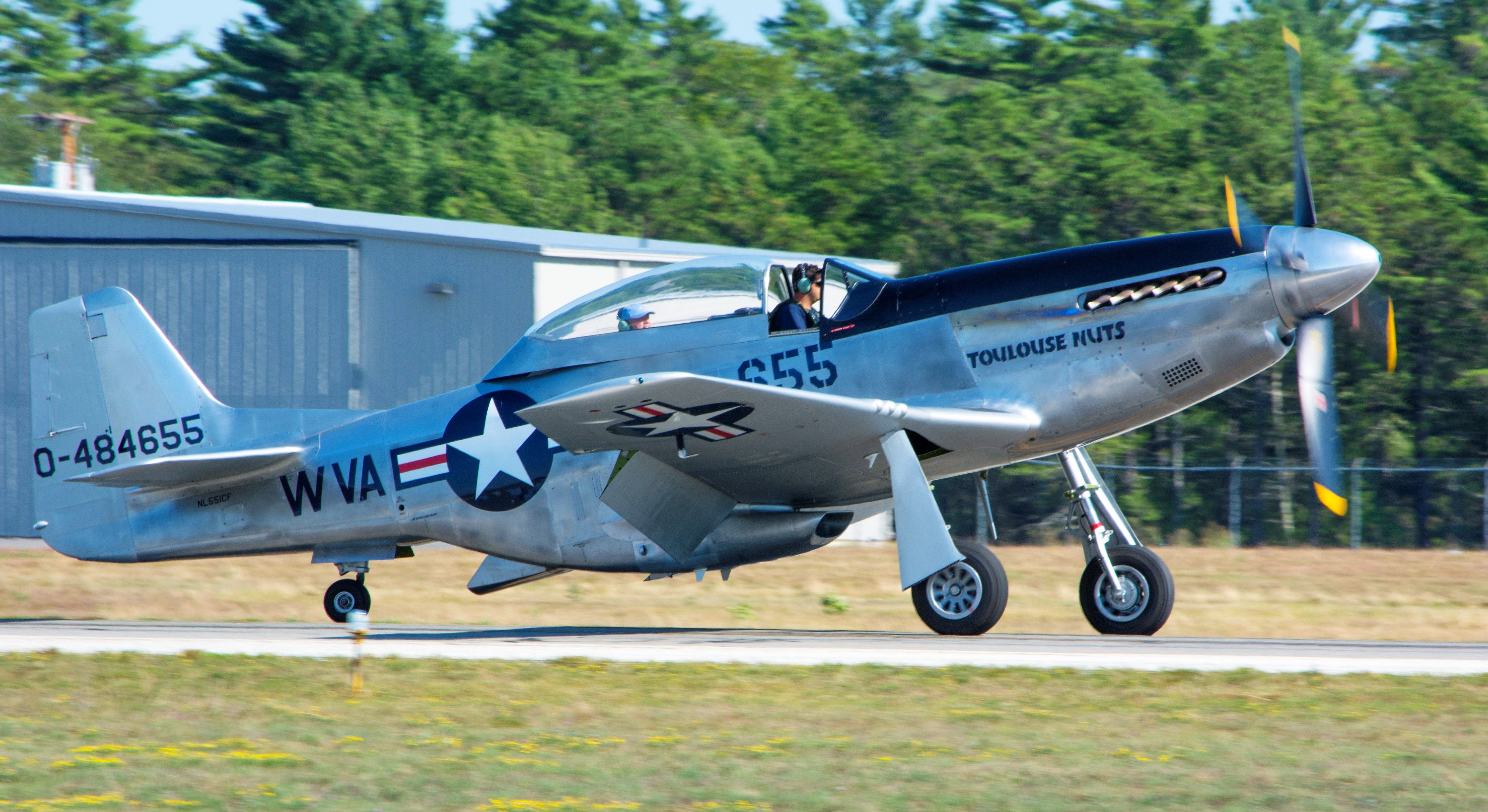 North American P-51 Mustang (NL551CF) - Collings Foundations TF51-D "Toulouse Nuts" rolls out at Plymouth this afternoon.