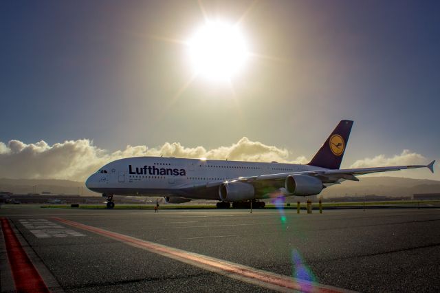 Airbus A380-800 (D-AIMI) - Taxiing down Charlie taxiway to depart on runway 28R at KSFO.