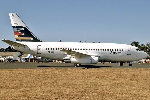 Boeing 737-200 (VH-CZU) - ANSETT AIRLINES OF AUSTRALIA - BOEING 737-277/ADV - REG : VH-CZU (CN 22653/832) - MANGALORE VIC. AUSTRALIA - YMNG 30/3/1986 PHOTOGRAPH TAKEN AT THE MANGALORE AIR SHOW IN 1986. 35MM SLIDE CONVERSION USING A LIGHTBOX AND A NIKON L810 DIGITAL CAMERA IN THE MACRO MODE.