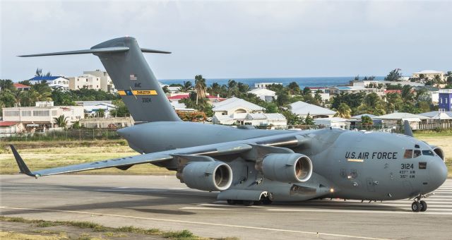 Boeing Globemaster III (03-3124) - RCH back tracking for take off at St Maarten. 20/06/2021