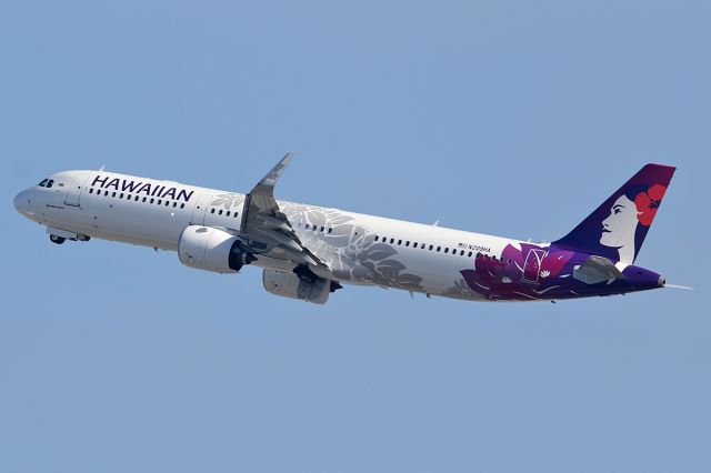 Airbus A321neo (N209HA) - Takes off. It appears to be the first photo of this aircraft in the database. 