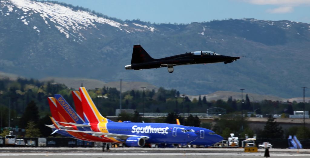 Northrop T-38 Talon (66-0332) - A Beale AFB-based T-38 Black Talon is putting the tread to bed after completing the third of four touch-and-go passes on RNO's 34L.