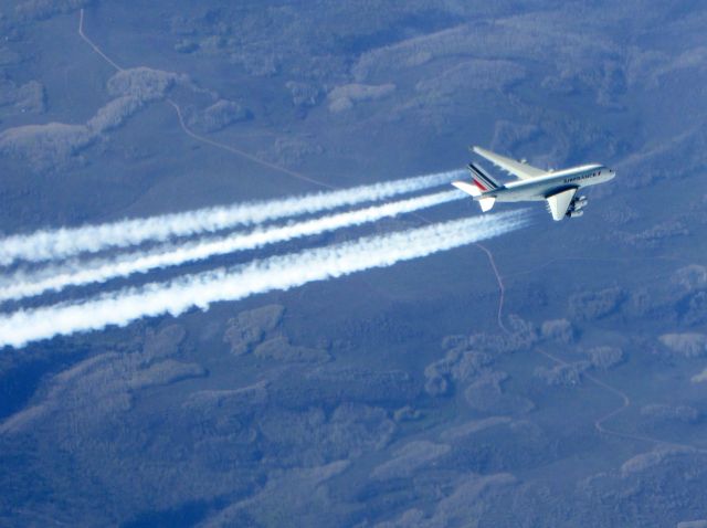 Airbus A380-800 (AFR65) - We captured this picture while overtaking this Air France A380 over Utah.  We were at FL410, they were at FL370.  AFR065, departed LAX to LFPG. 