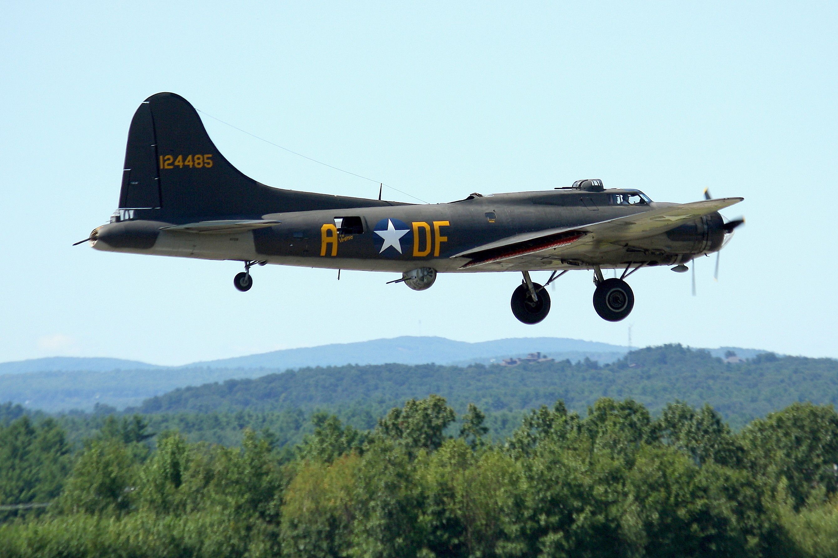 Boeing B-17 Flying Fortress (N3703G) - B-17G Flying Fortress, Memphis Belle, (124485/DF-A) on approach to Manchester