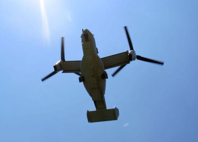 Bell V-22 Osprey (16-6739) - USMC Osprey #03 (166739) hovering overhead just before landing at Voinovich Park in downtown Cleveland on 10 Jun 2012 where it was on display during Marine Week Cleveland 2012. The downward prop-wash was incredible!