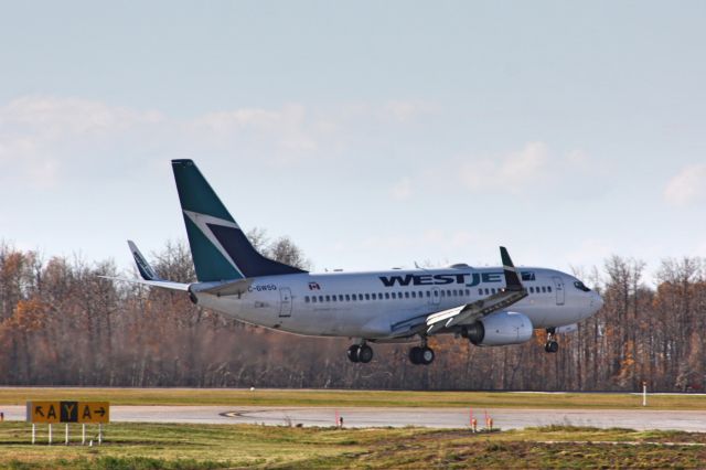 Boeing 737-700 (C-GWSQ) - Landing at Edmonton. Standing on the south end of runway 12/30.