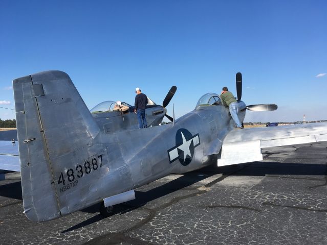 — — - Max, Buck, and Ray preparing for first official flight of Tom Reilly's NAA XP-82 Twin Mustang, 28 January 2019