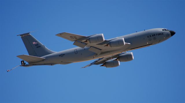 Boeing C-135B Stratolifter (63-8012) - USAF KC-135R 63-8012  departing Nellis AFB during a Red Flag Exercise with its re-fuelling drogue and hose hanging out of the back , not sure why ??