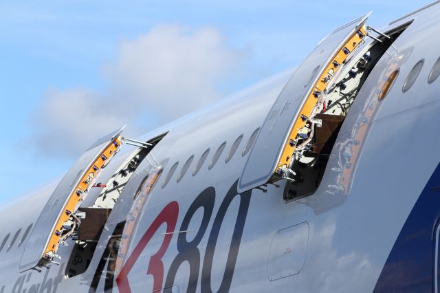 Airbus A380-800 — - Close up detail of the upper deck exits doors of the A380. As this is a test article the escape slides have not been installed. Seen here at Farnborough 2012.