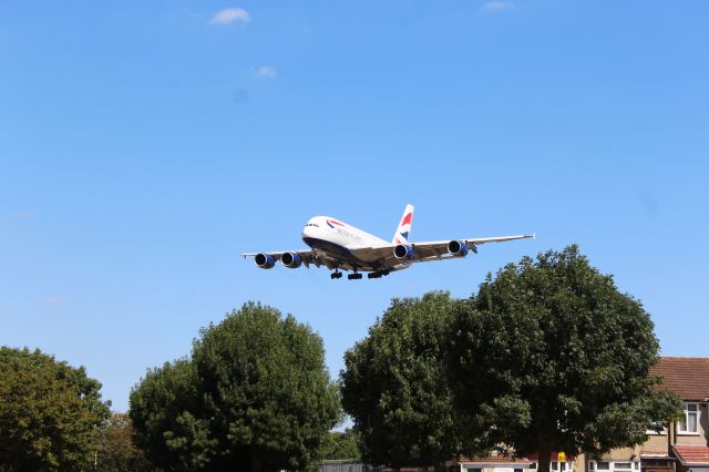 Airbus A380-800 (G-XLED) - British Airways (BA) G-XLED A380-841 [cn144]br /London Heathrow (LHR). British Airways flight BA84 arriving from Vancouver (YVR) on final approach to 27L passing over the roof of 27 Myrtle Avenue, Feltham.br /Taken from Myrtle Avenue 'Gardens'. Hatton Cross (end of 27L runway)br /br /2018 08 02br /a rel=nofollow href=http://alphayankee.smugmug.com/Airlines-and-Airliners-Portfolio/Airlines/EuropeanAirlines/British-Airways-BAhttps://alphayankee.smugmug.com/Airlines-and-Airliners-Portfolio/Airlines/EuropeanAirlines/British-Airways-BA/a