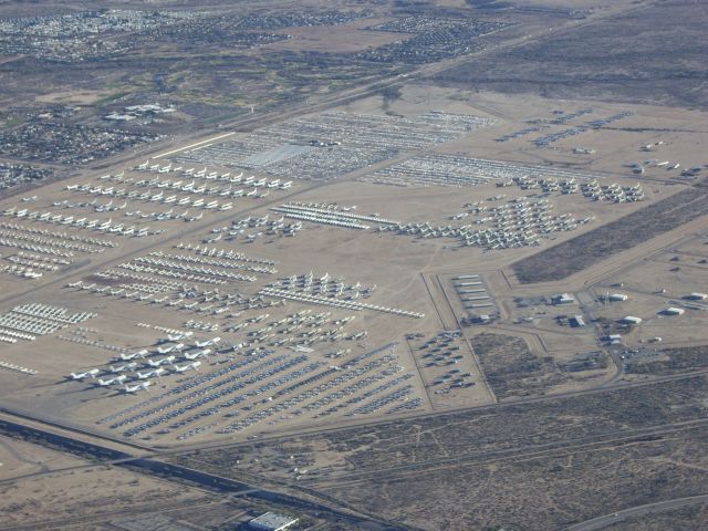 — — - Aerial view of the boneyard at Davis Monthan AFB in Tucson, AZ.