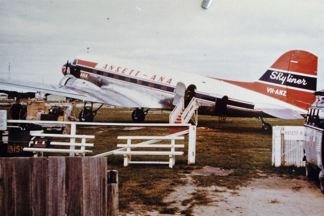 Douglas DC-3 (VH-ANZ) - Ansett-ANA DC3 parked at the original 1930s terminal, Flinders Island, circa 1959