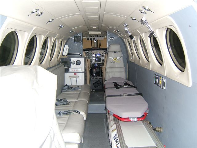 Beechcraft Super King Air 200 (N200VU) - Inside looking from rear door towards the cockpit.  The aircraft is 2 patient capable, along with several modes of special transport including balloon pumps LVAD/RVAD, and neonates in isolettes.