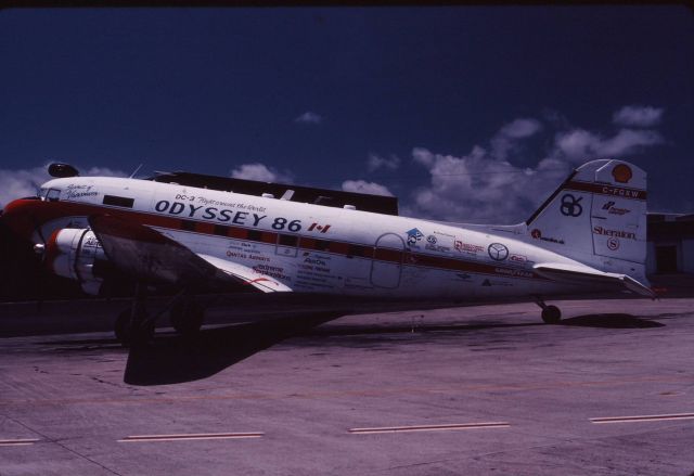 Douglas DC-3 (C-FGXY) - Odyssey 86.  This DC-3 did a round-the-world tour to celebrate the 50th anniversary of the DC-3.  It was held in conjunction with Expo 86 in Vancouver in 1986.  Beginning on 10 Jun 86, C-FGXW flew from Vancouver to Oakland, Honolulu, Pago Pago, Suva, Noumea, Brisbane, Cairns, Port Moresby, Darwin, Davao, Manila, Brunei, Singapore, Bangkok, Dhaka, Delhi, Karachi, Abu Dhabi, Riyadh, Cairo, Athens, Rome, Prague, Warsaw, Oslo, Copenhagen, Frankfurt, Amsterdam, London, Reykjavik, Narssarssuaq, St. Johns, Halifax, Charlottetown, Moncton, Fredericton, Montreal, Ottawa, Toronto, Oshkosh, Winnipeg, Regina, Edmonton and Kelowna.  It arrived back at Vancouver on 11 Aug 86.