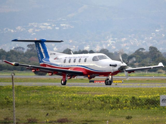 Pilatus PC-12 (VH-FVB) - On taxi-way heading for take off on runway 05. Thursday 12th July 2012.
