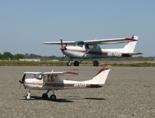 Cessna 152 (N67405) - Original and RC model at Davis University Airport.  N67405 owned by Call Aggie Flying Farmers is used primary for VFR flight training.