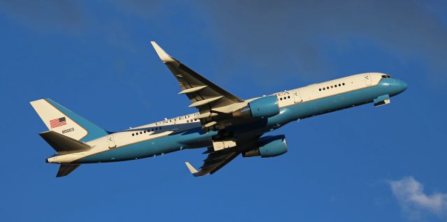 Boeing 757-200 (99-0003) - Air Force Two (99-0003, a Boeing VC-32A) departs Reno Tahoe International with VPOTUS Biden and climbs away from runway 16R in the final moments of full sunlight. Five minutes later, the sun dipped down behind the Sierra Nevada and darkness began to settle in.  br /** To view at best Q, I recommend clicking on FULL instead of the smaller thumbnail sizes. *