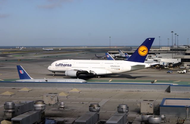 Airbus A380-800 (D-AIMD) - May 10th, 2011- Inaugural SFO-FRA jet taxis to 28R for the Inaugural passenger service on the A380.