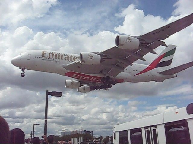 Airbus A380-800 (A6-EDB) - Emirates flight 241 landing at Toronto rwy23. Spotted at famous wendys restaurant. The A380 flew overhead  at approximately 50feet