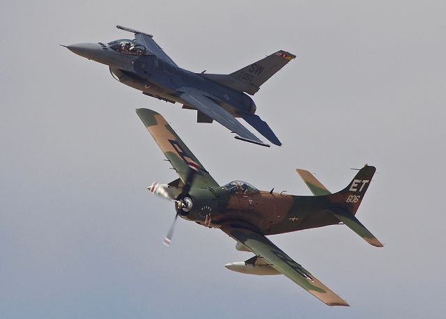 Douglas AD Skyraider (NX39606) - Pretty unique heritage flight at the 2018 Dyess Big Country Air & Space Expo between the F-16 Viper Demo Team and Canvanaugh Flight Museums newly repainted A-1H (please view in "Full" for best image quality)