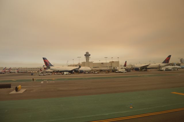 Airbus A330-200 — - Hazy sky over busy morning LAX traffic