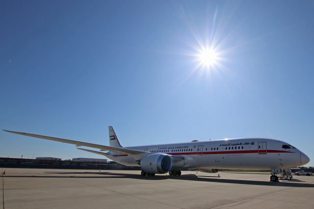 Boeing 787-9 Dreamliner (A6-PFE) - Sunshine over a Dreamliner. A newer B787-9, tail number A6-PFE, operated by Abu Dhabi Amiri Flight, call sign Calm Air 5 (CAV5), parked on Pad-3 after arriving from a 14 ½ hour flight from Abu Dhabi Int'l (AUH/OMAA) on 8 Oct 2019.  