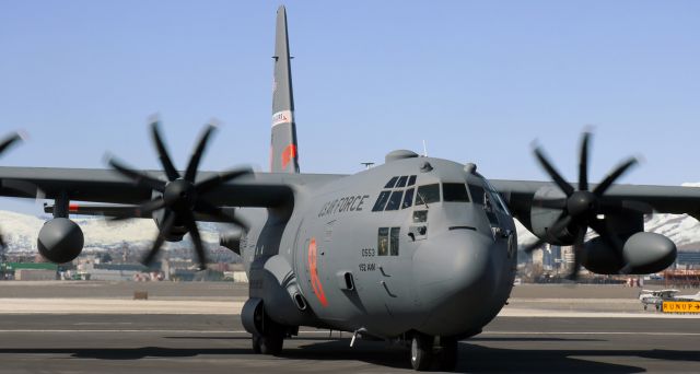 Lockheed C-130 Hercules (92-0553) - The Nevada Air Guard "High Rollers" Hercules "Roller Five Tree" (92-0553) taxies to a stop on the Stellar East parking apron.  