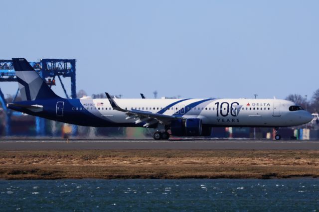 Airbus A321neo (N589DT) - Delta A21N in special 100 years livery arriving to BOS on 3/23/25.