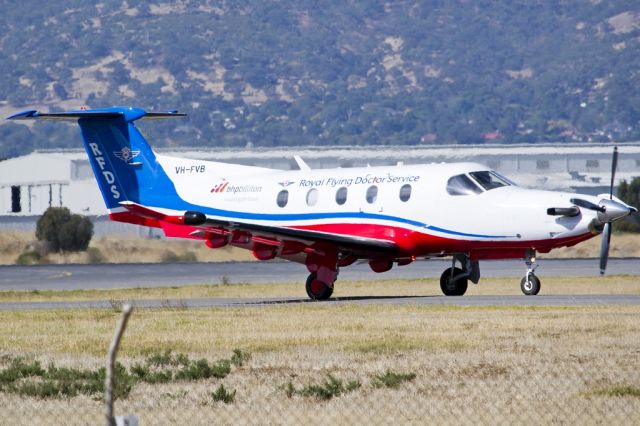 Pilatus PC-12 (VH-FVB) - On taxi-way, heading for take off on runway 05. Friday, 19th April 2013.