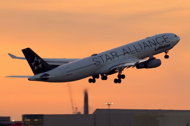 Airbus A340-300 (D-AIGP) - 'Lufthansa 423' departing back to Frankfurt as the sun sets in Boston