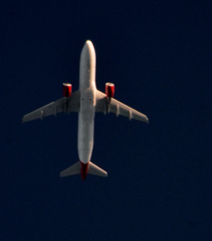 — — - Virgin America 27 John F Kennedy Intl to San Francisco Intl over Cleveland 36,000 ft.at sunset. 10-23-14